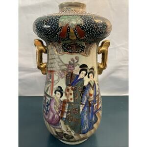 Vintage Satsuma Double Gourd 3 Geisha Blue Black Gold Vase 13"